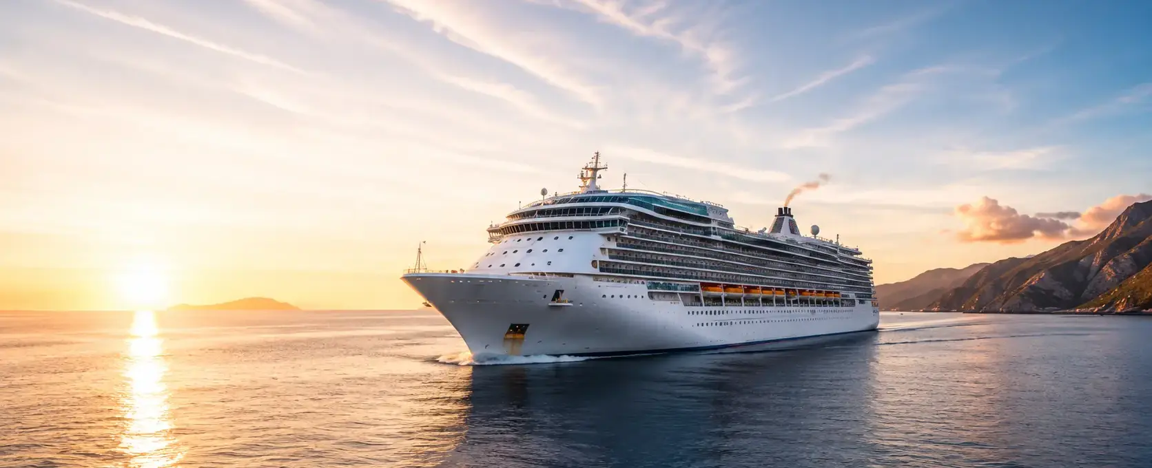 Kreuzfahrtschiff auf dem Meer bei Sonnenuntergang