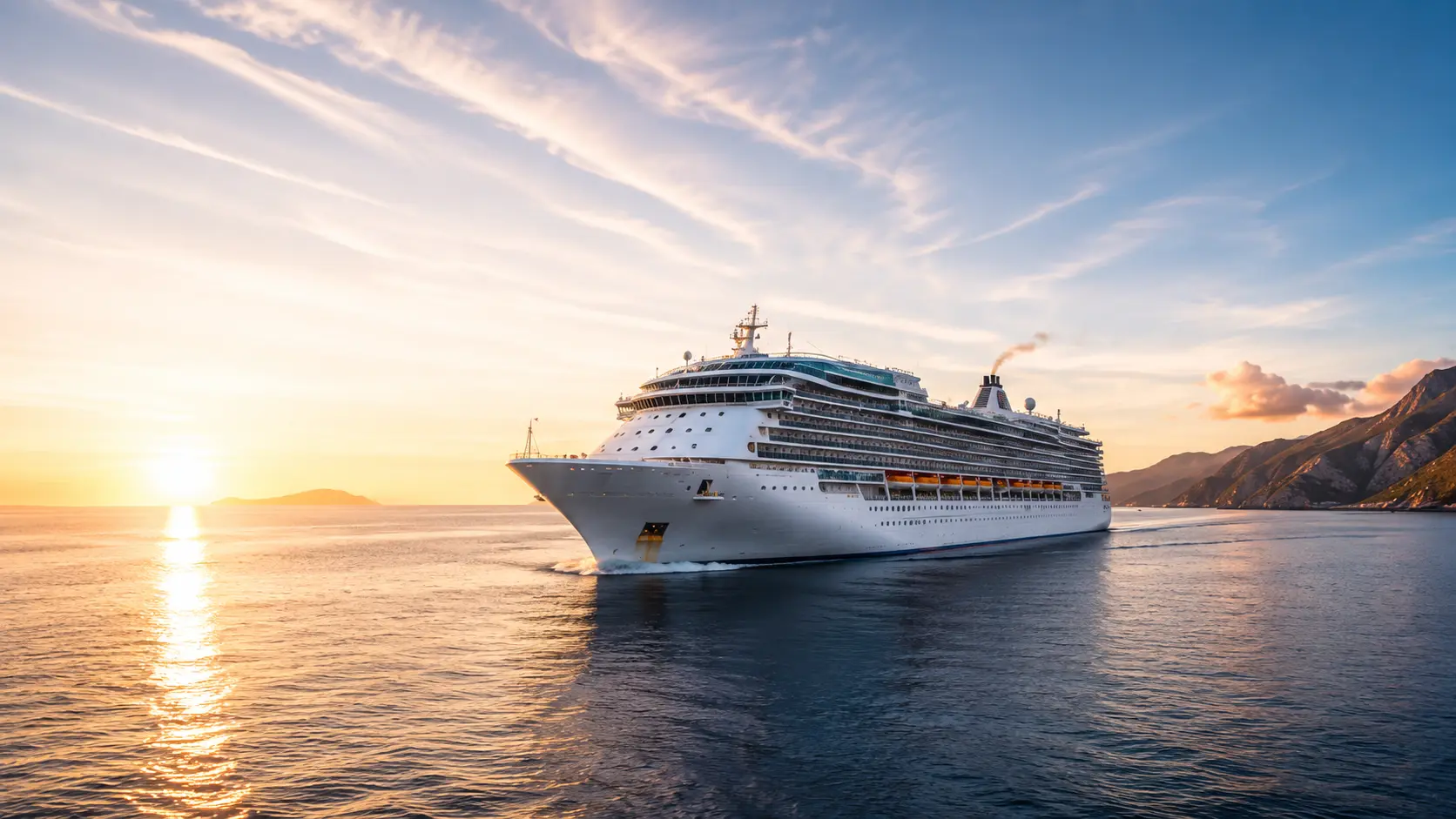 Kreuzfahrtschiff auf dem Meer bei Sonnenuntergang